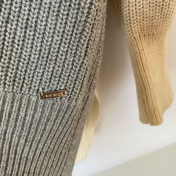 DKNY Cowl Neck Cozy Long Gray Ivory Color-block Sweater - Picture 5 of 8